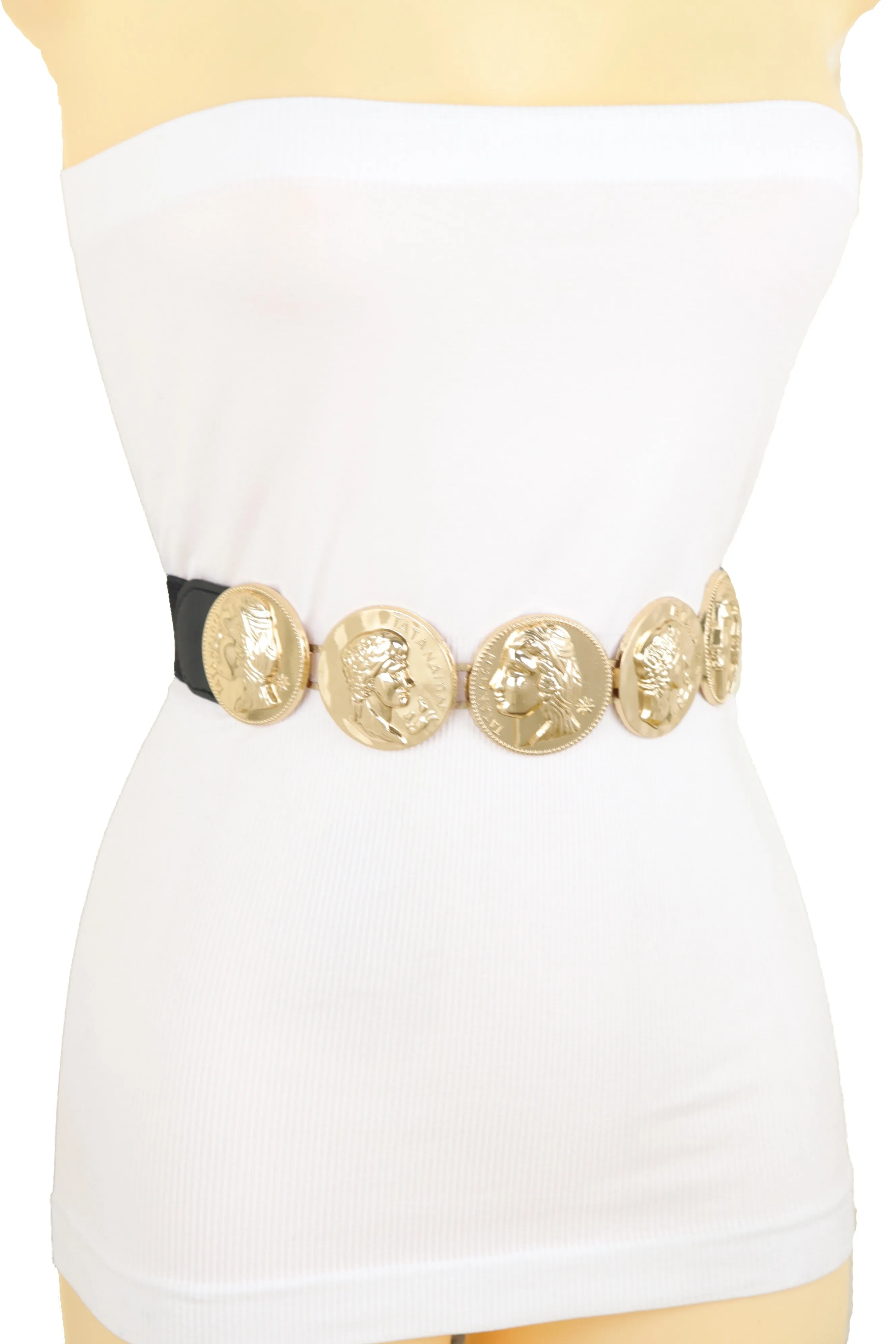 Gold Greek Medallion Black Waisted Elastic Fashion Belt