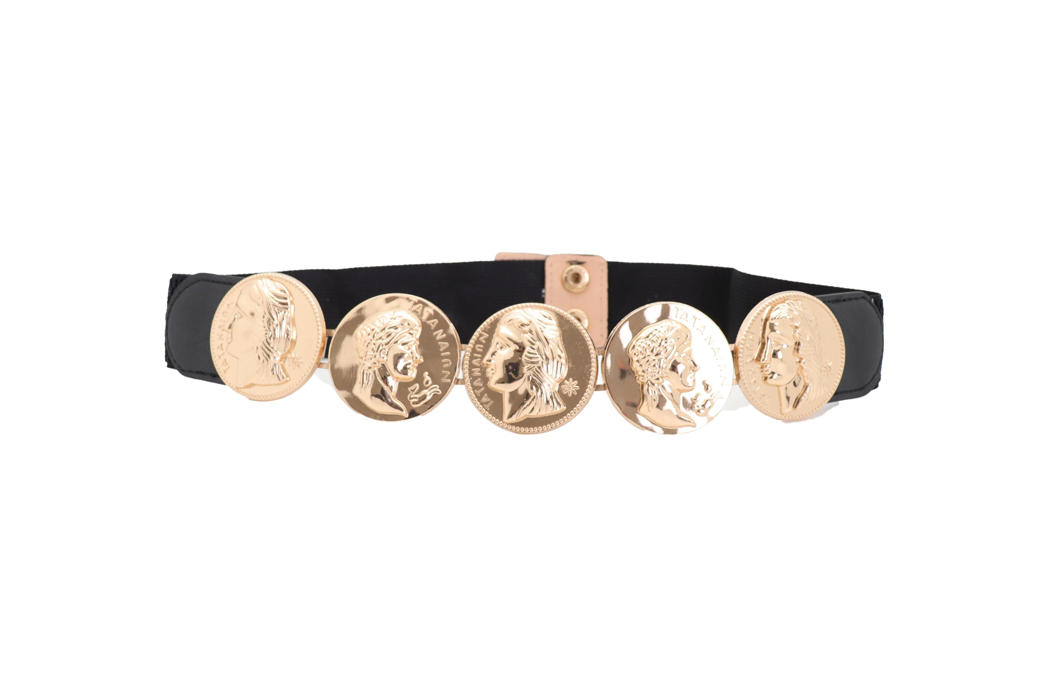 Gold Greek Medallion Black Waisted Elastic Fashion Belt