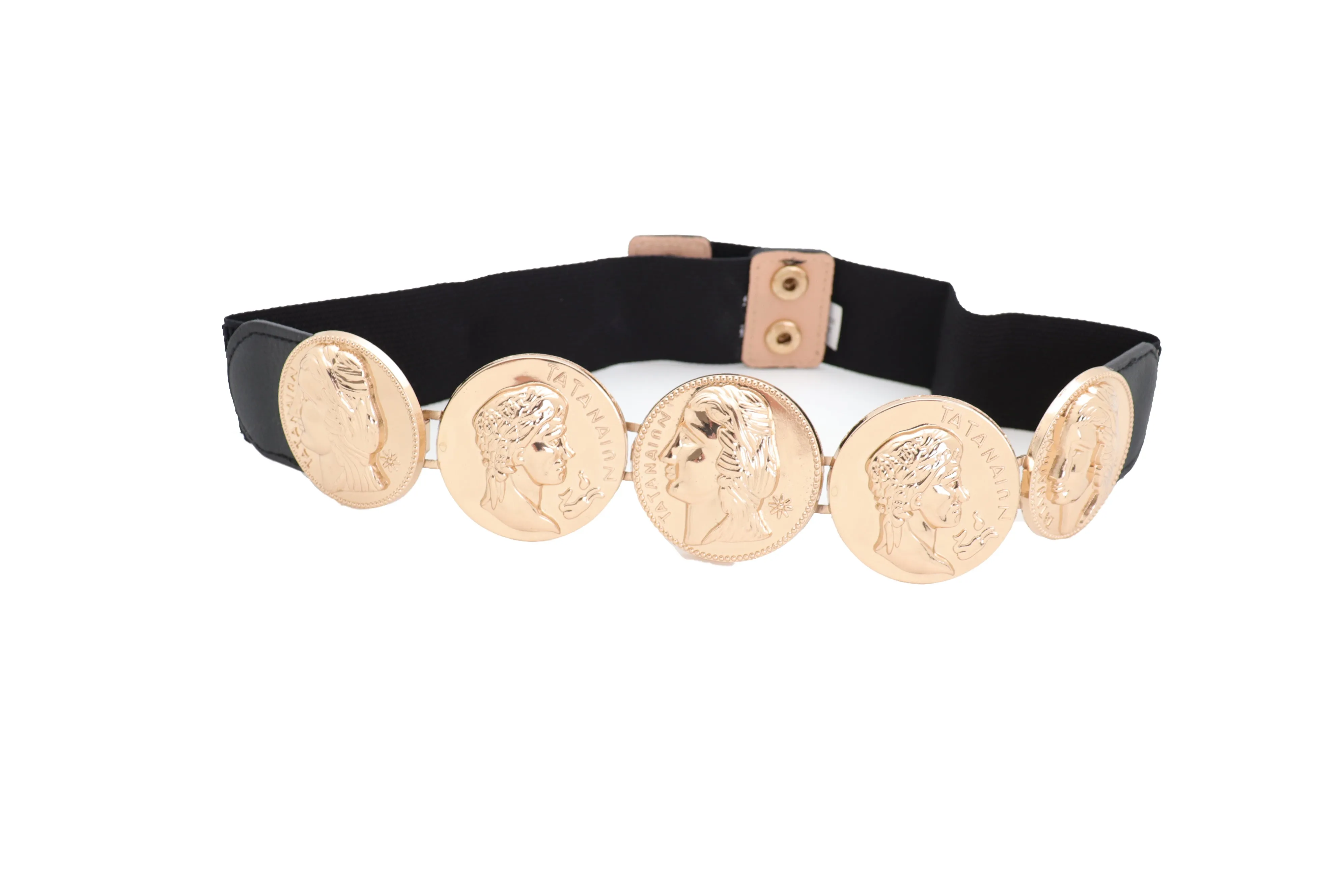 Gold Greek Medallion Black Waisted Elastic Fashion Belt