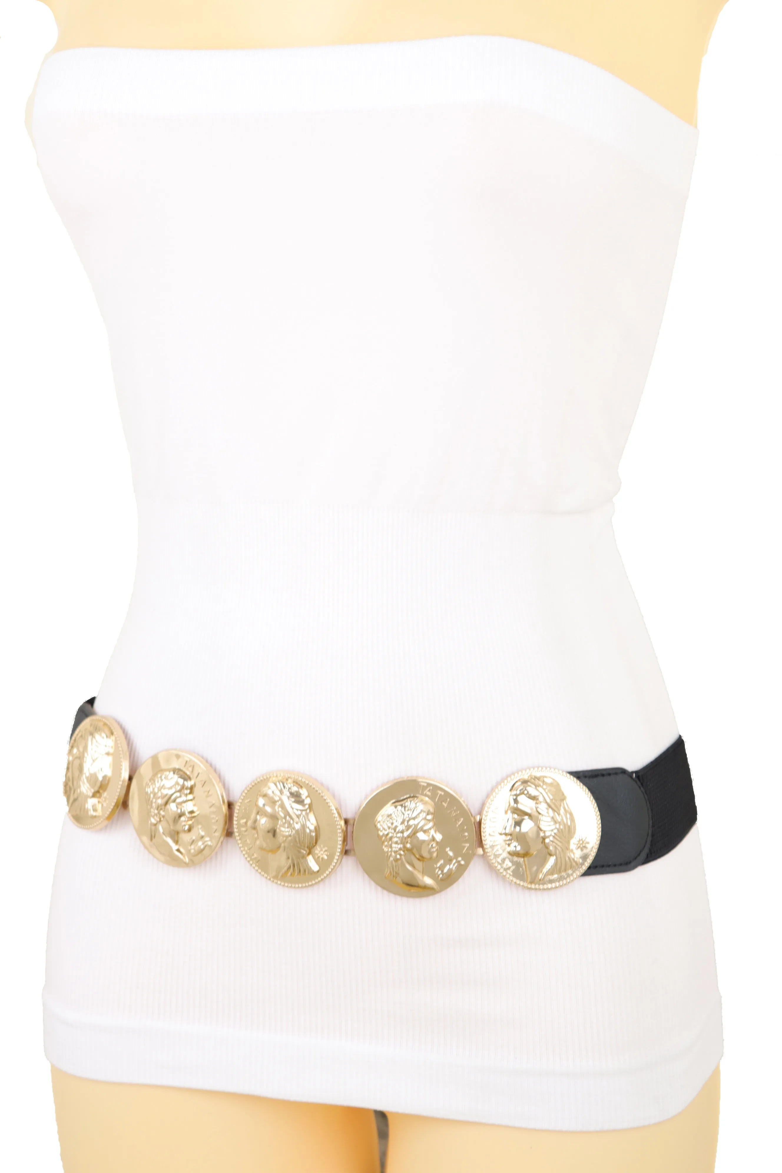 Gold Greek Medallion Black Waisted Elastic Fashion Belt