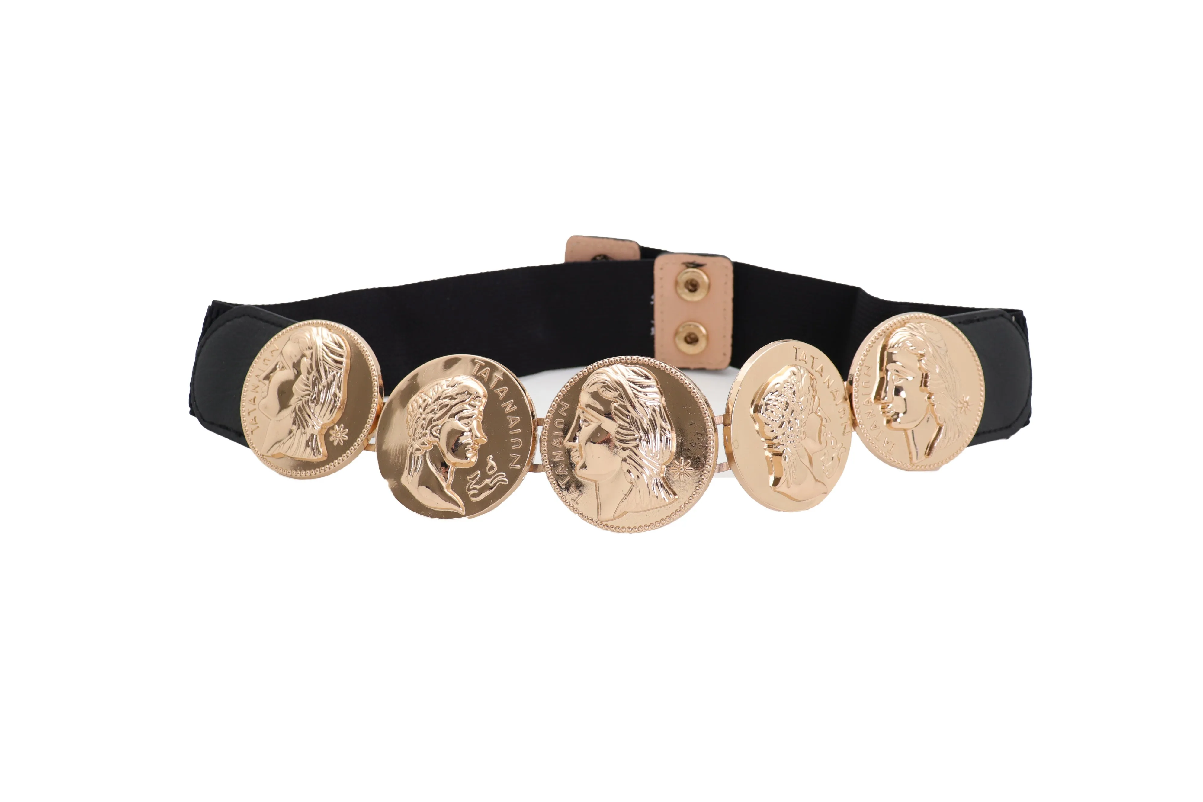 Gold Greek Medallion Black Waisted Elastic Fashion Belt