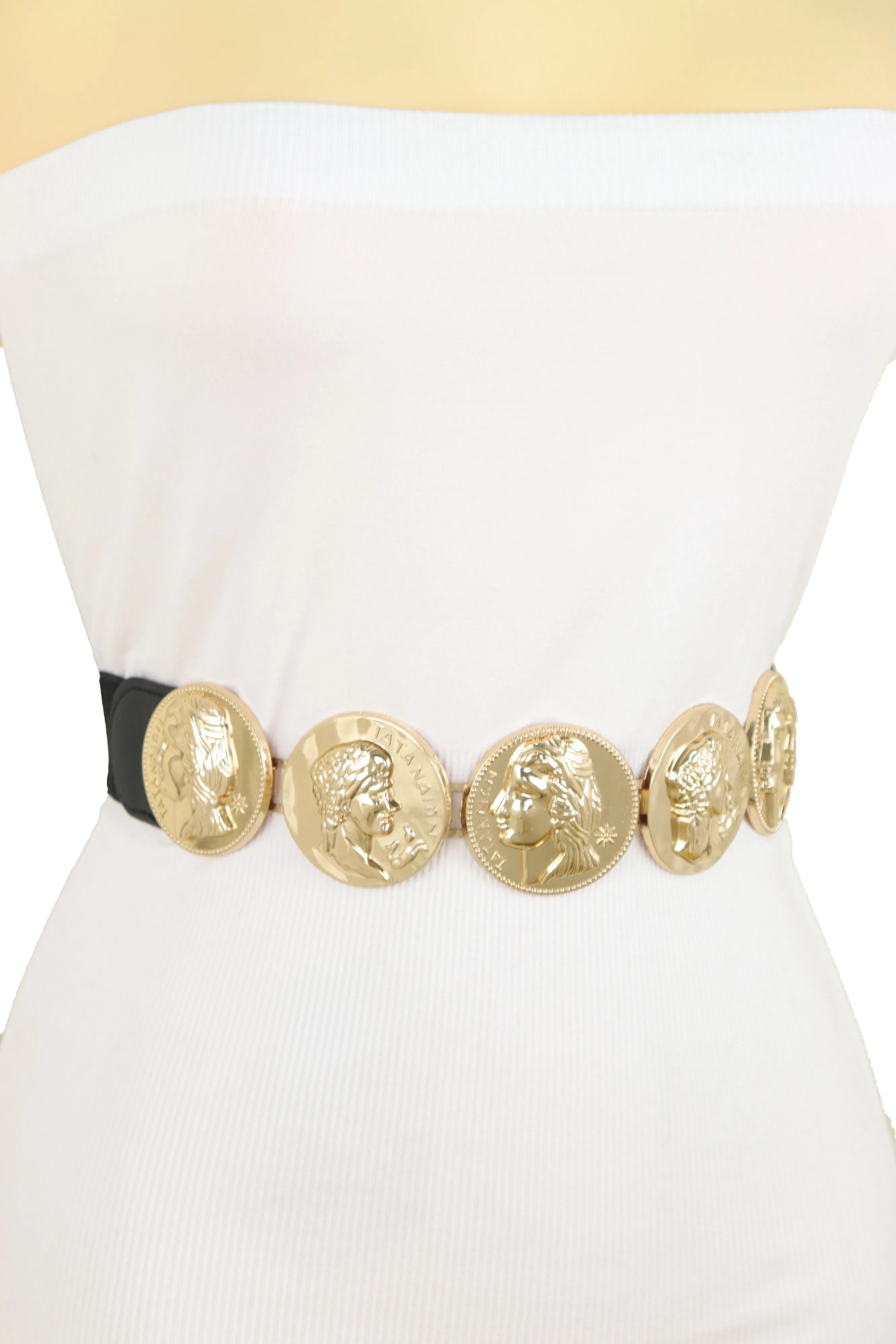 Gold Greek Medallion Black Waisted Elastic Fashion Belt