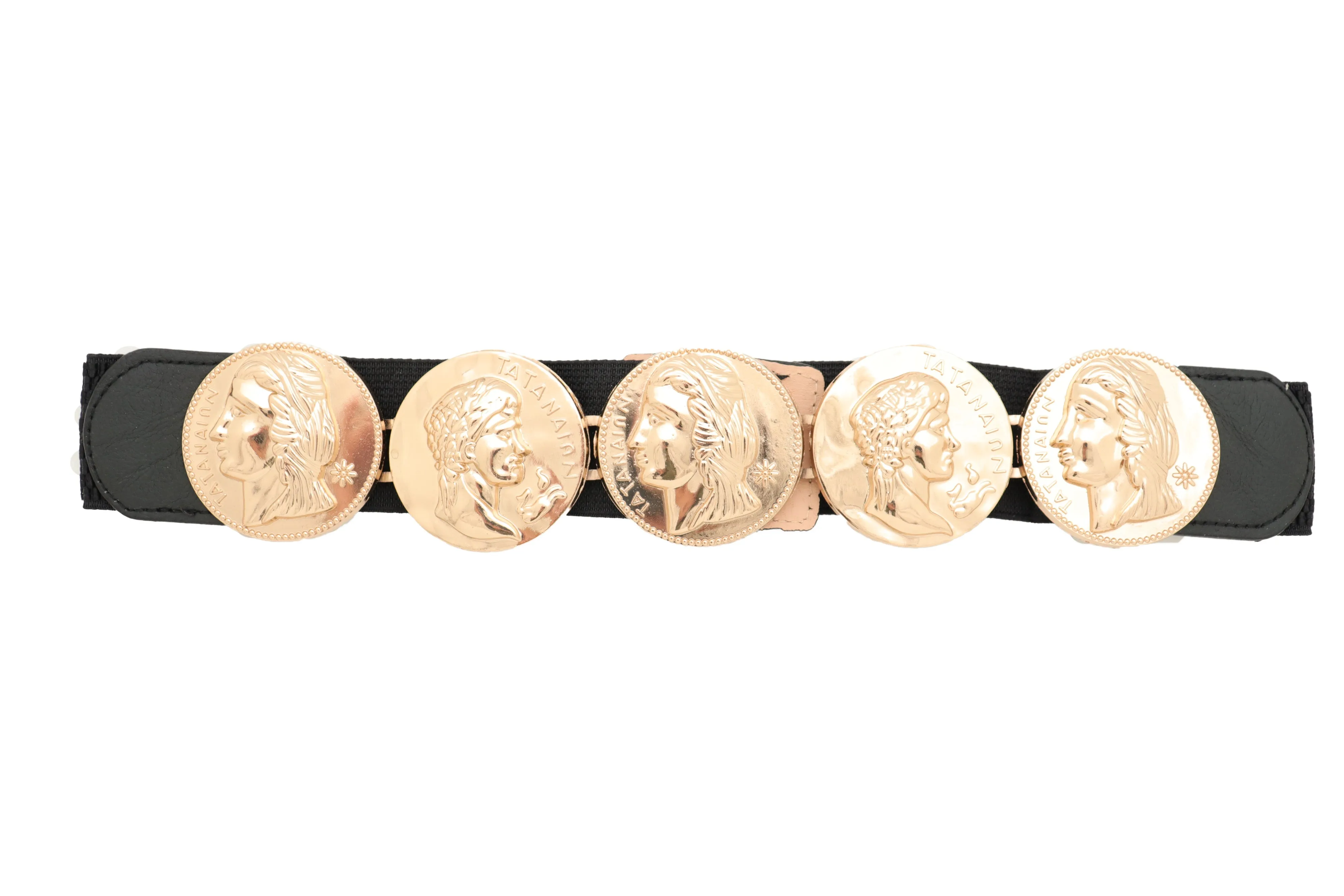 Gold Greek Medallion Black Waisted Elastic Fashion Belt