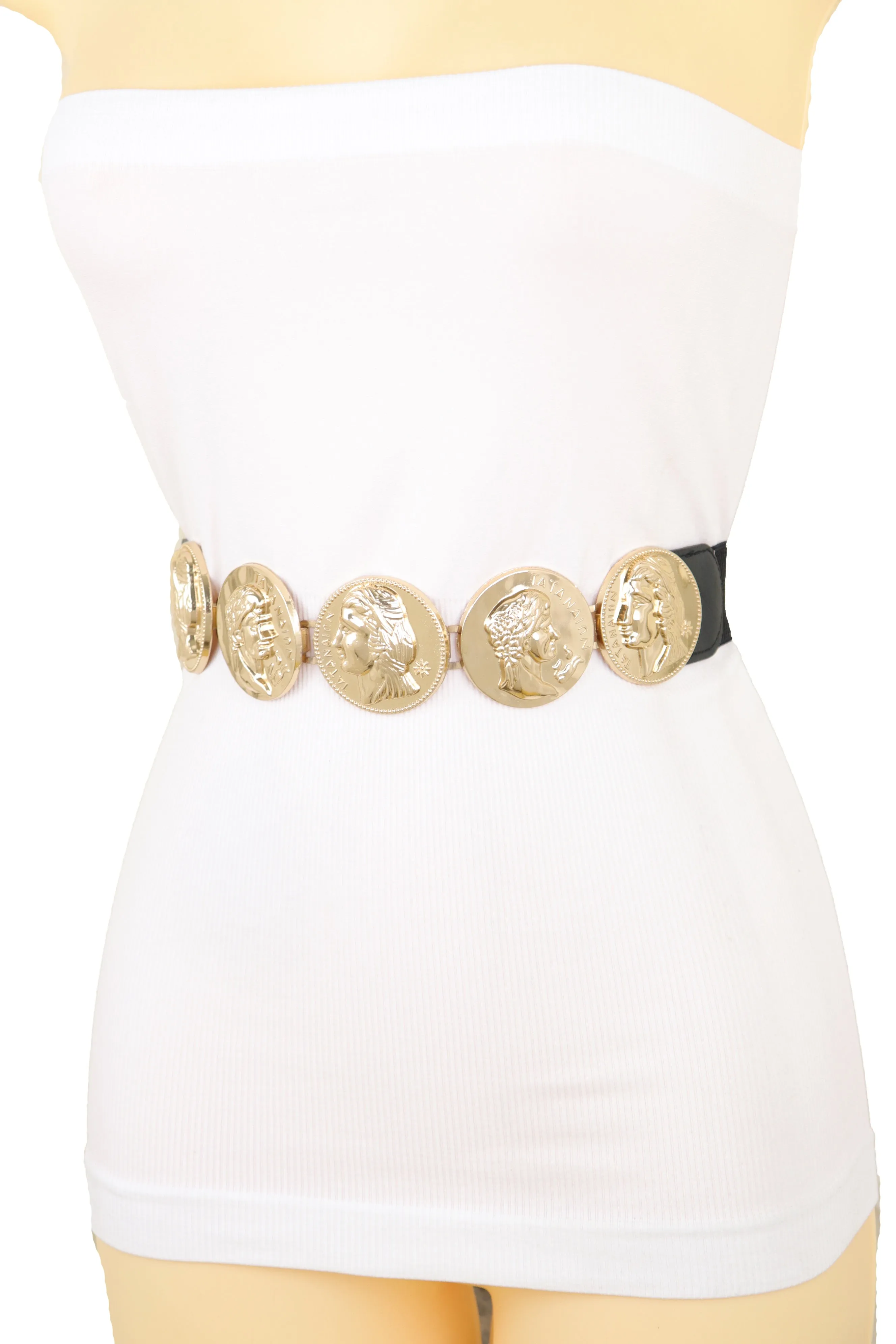 Gold Greek Medallion Black Waisted Elastic Fashion Belt