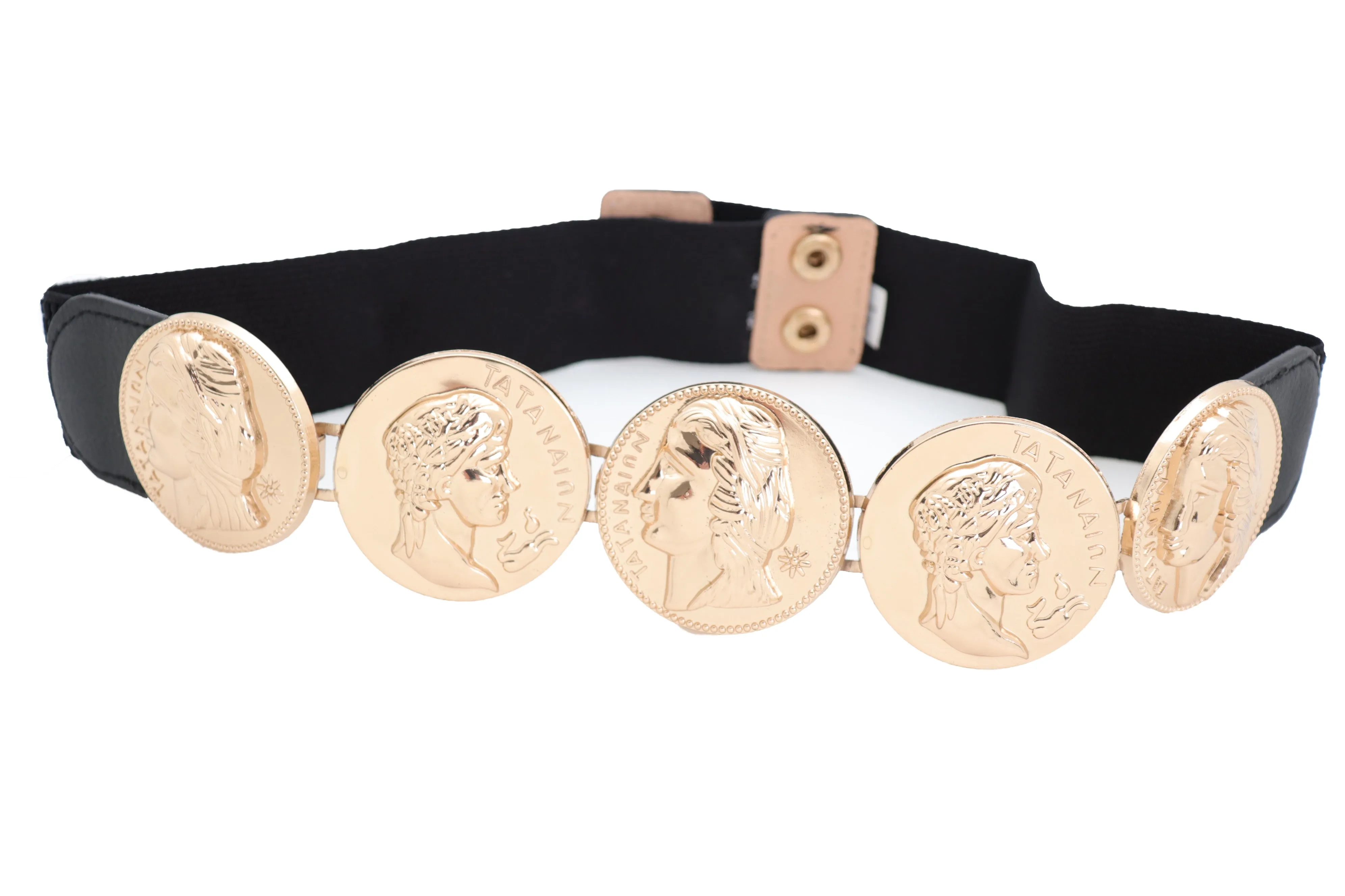 Gold Greek Medallion Black Waisted Elastic Fashion Belt