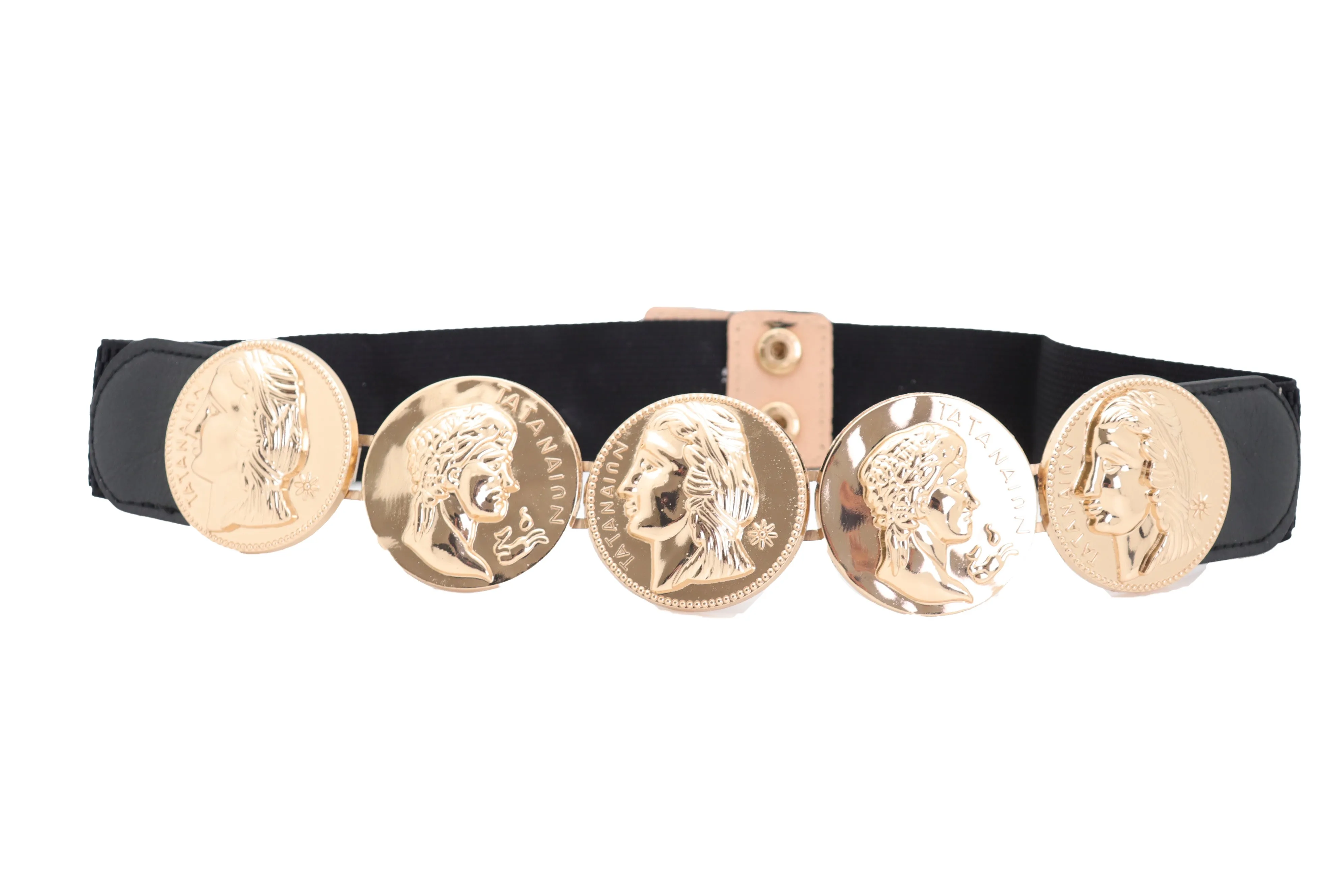 Gold Greek Medallion Black Waisted Elastic Fashion Belt