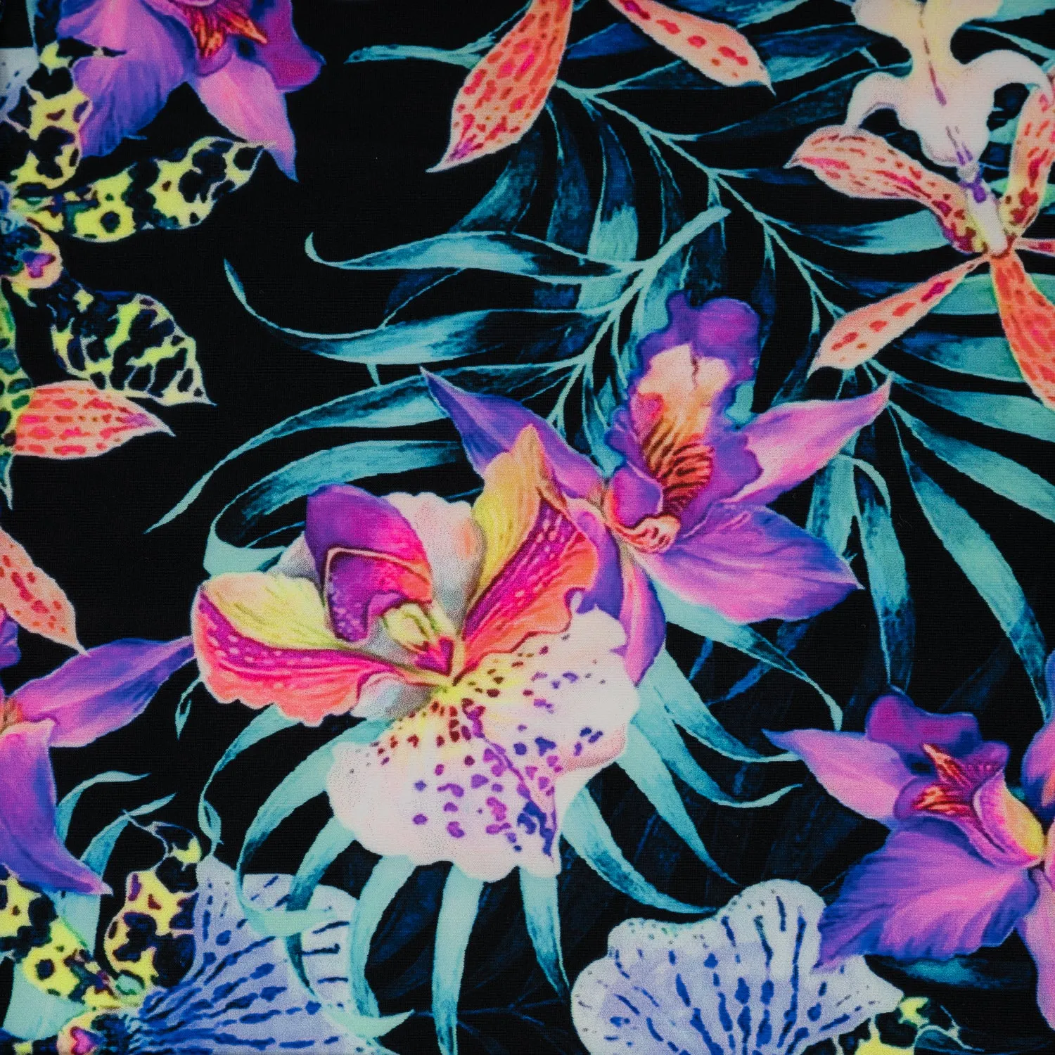 Irises and Palm Fronds Printed Spandex Fabric | Blue Moon Fabrics