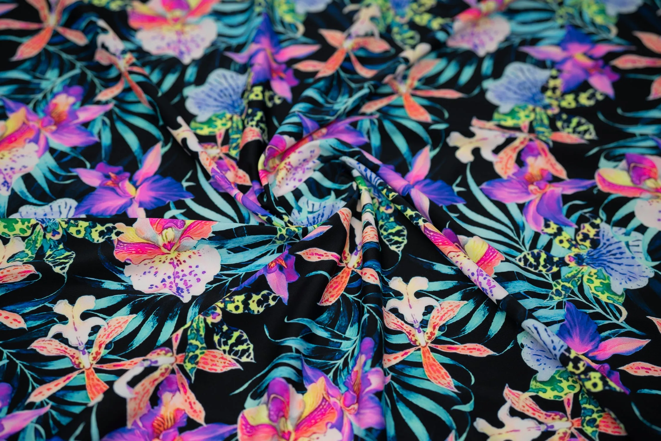 Irises and Palm Fronds Printed Spandex Fabric | Blue Moon Fabrics