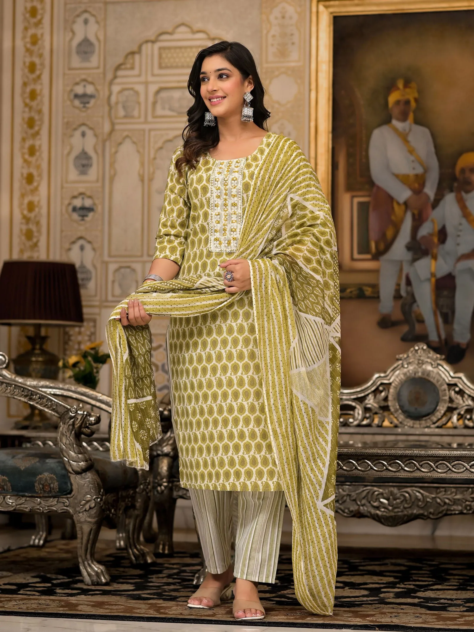 Juniper Green Ethnic Motif Printed Cotton Kurta, Pant And Dupatta Set With Thread & Mirror Work