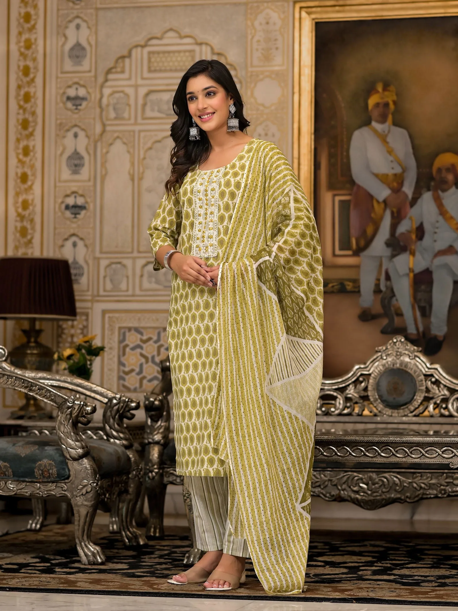 Juniper Green Ethnic Motif Printed Cotton Kurta, Pant And Dupatta Set With Thread & Mirror Work