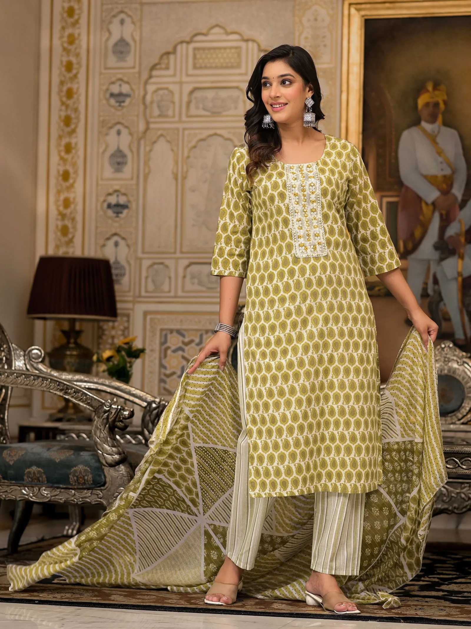 Juniper Green Ethnic Motif Printed Cotton Kurta, Pant And Dupatta Set With Thread & Mirror Work