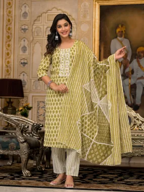 Juniper Green Ethnic Motif Printed Cotton Kurta, Pant And Dupatta Set With Thread & Mirror Work