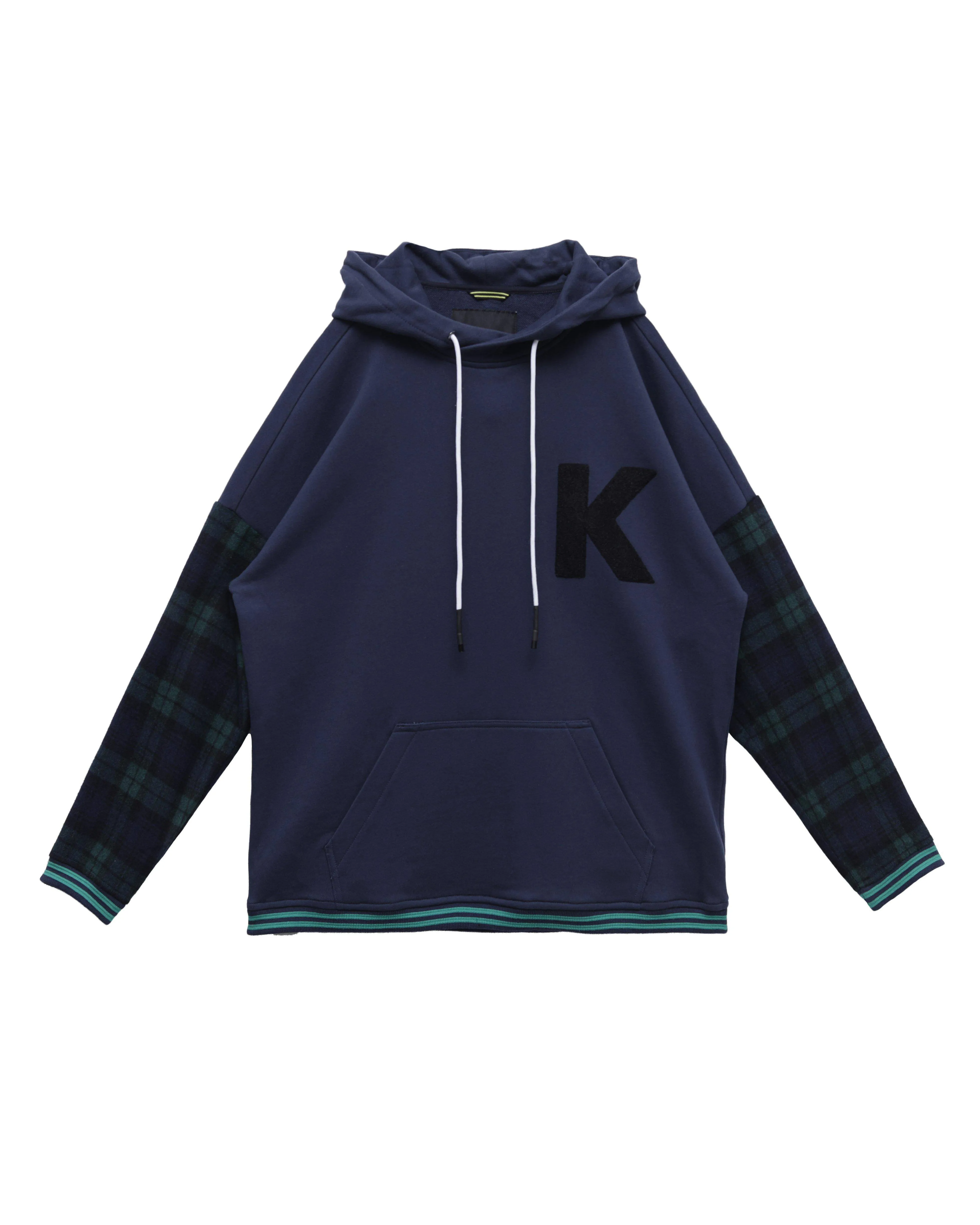 Konus Men's Pullover Hoodie w/ Wool Blend Plaid Sleeves in Navy