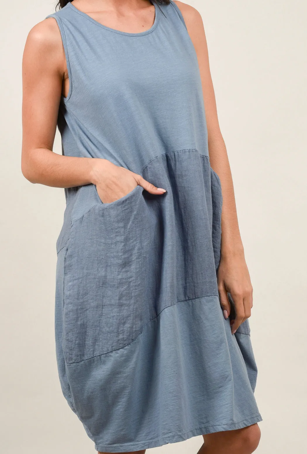 Linen Inset Bubble Dress, Denim