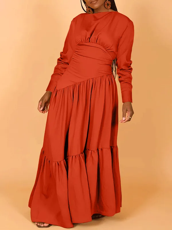 Long Sleeve Nipped Waist Ruffle Hem Dress