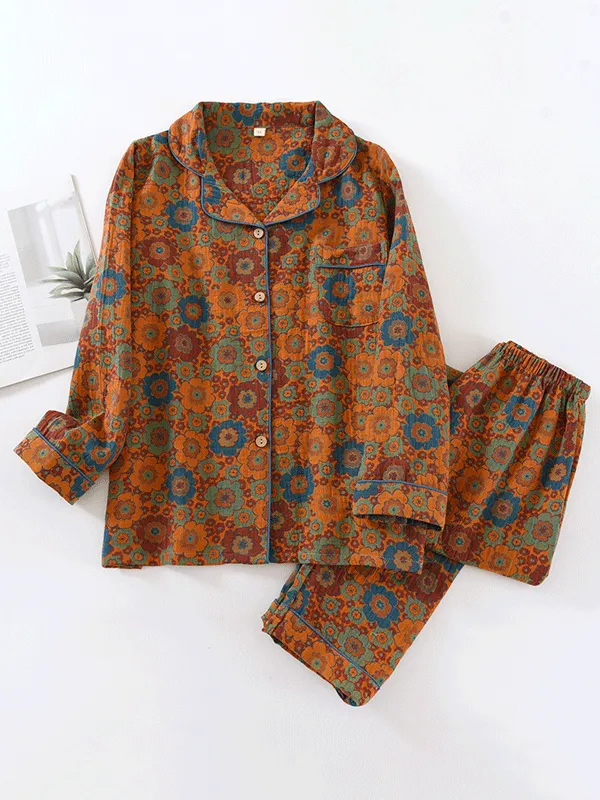 Long Sleeve Vintage Patterned Cotton Pajama Set