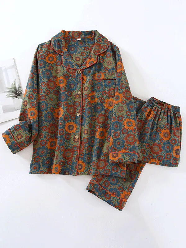 Long Sleeve Vintage Patterned Cotton Pajama Set