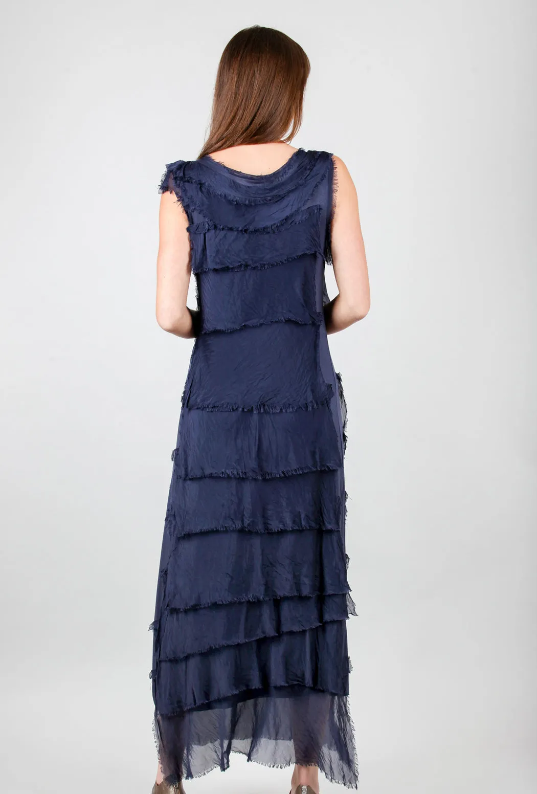 Long Tattered-Tiers Dress, Navy