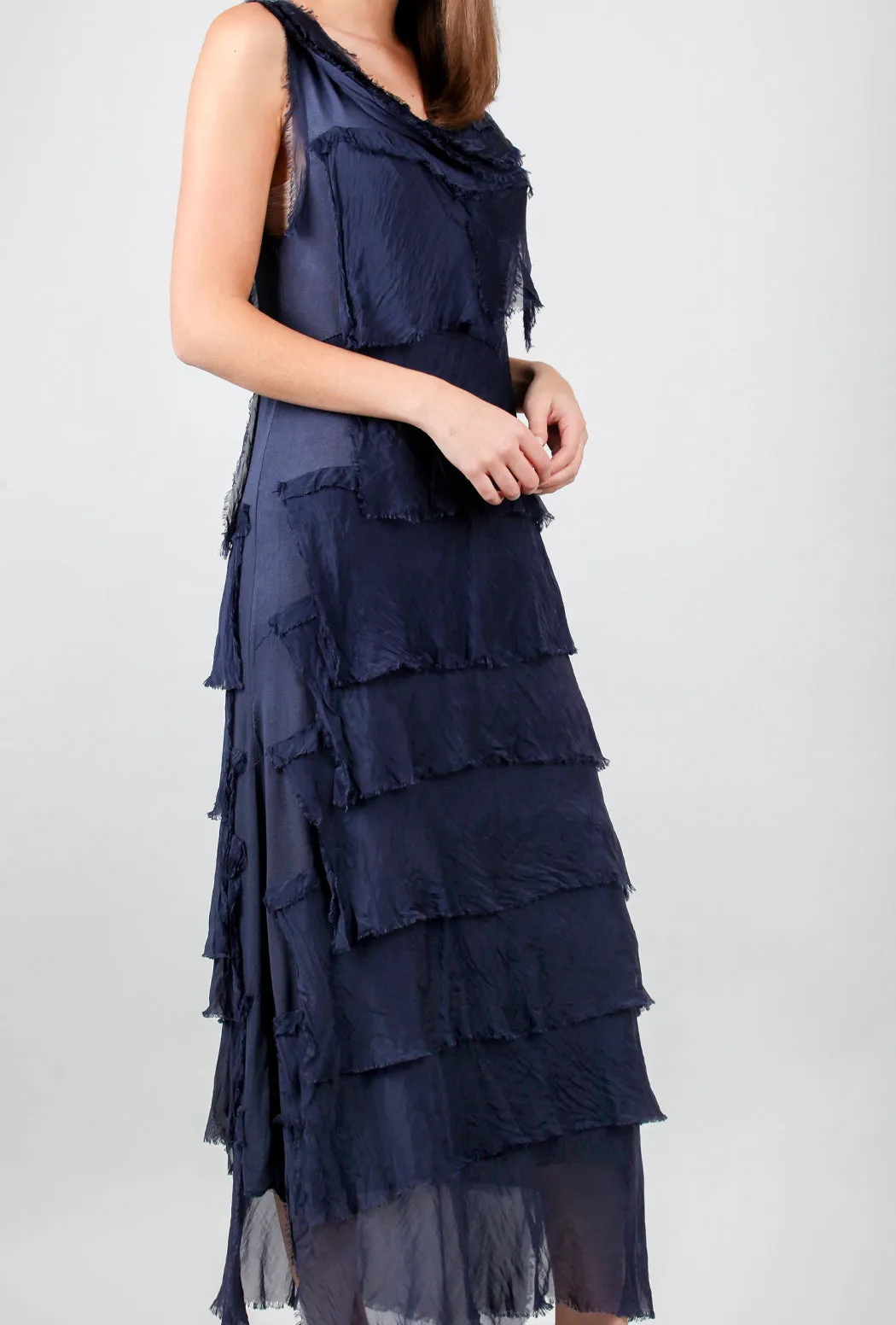 Long Tattered-Tiers Dress, Navy