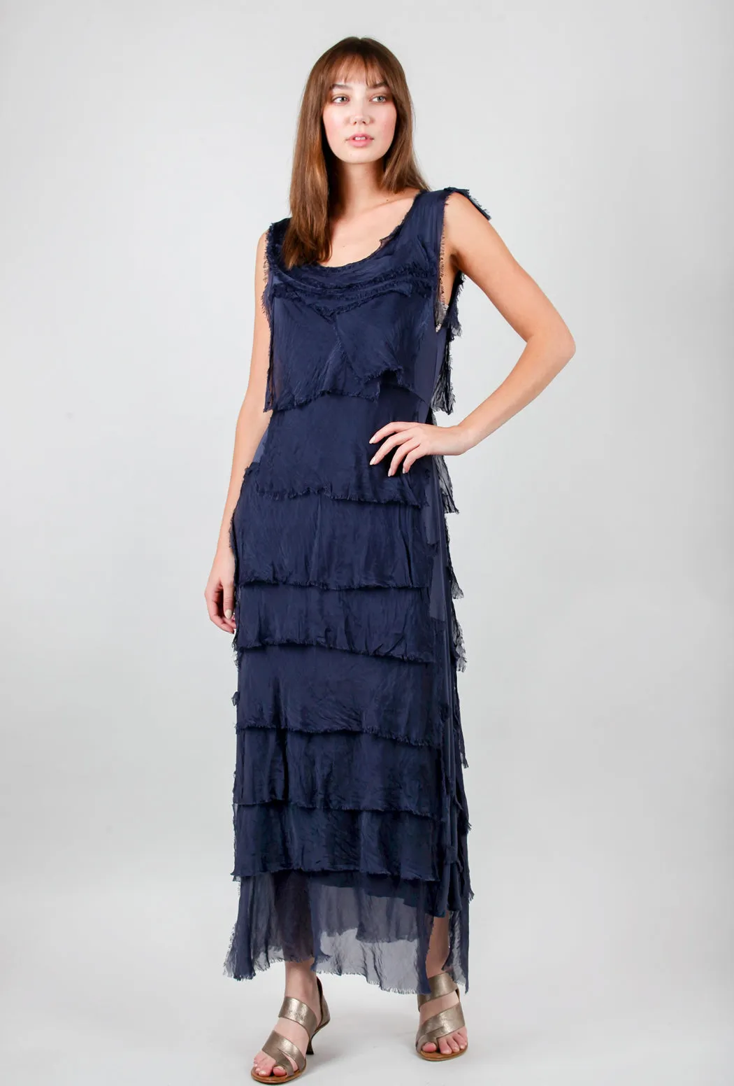 Long Tattered-Tiers Dress, Navy