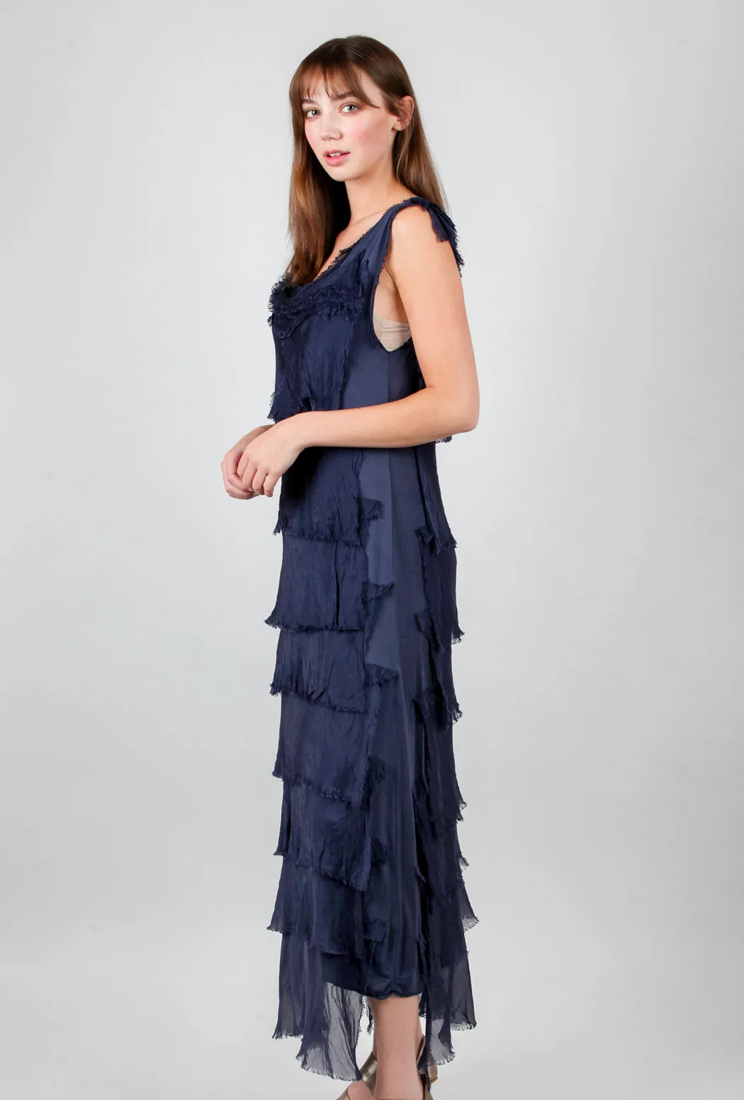 Long Tattered-Tiers Dress, Navy