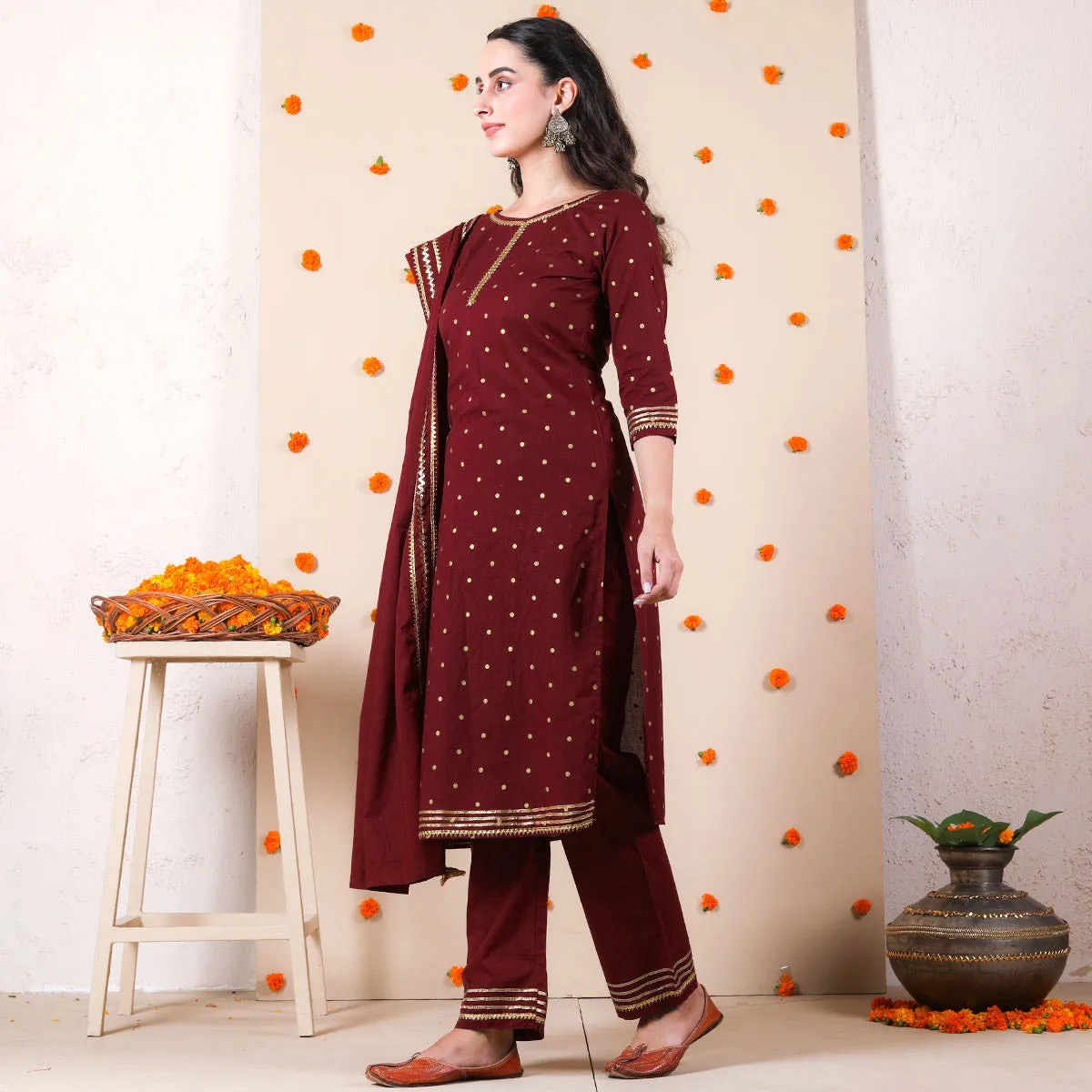 Maroon Bindi Kurta Set with Dupatta & Gota Work