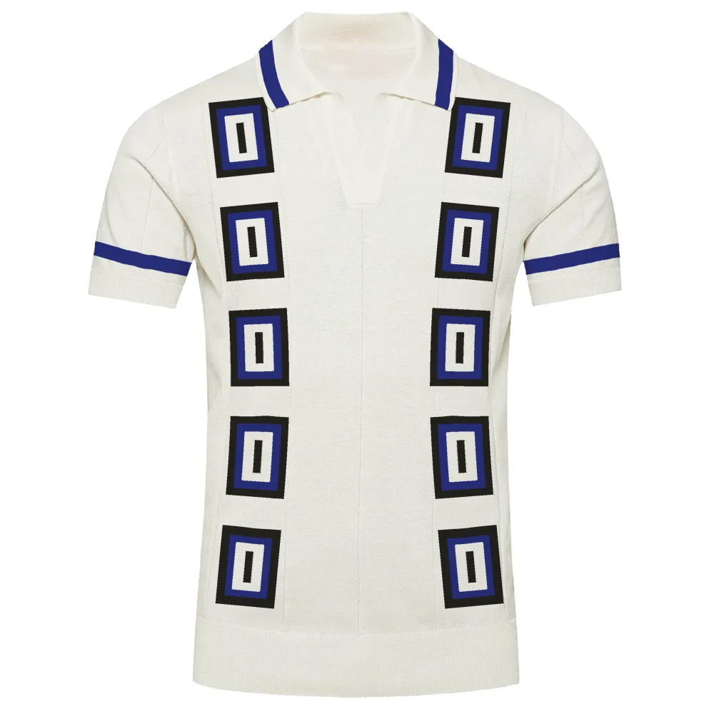 Men's white casual V-neck knit polo shirt