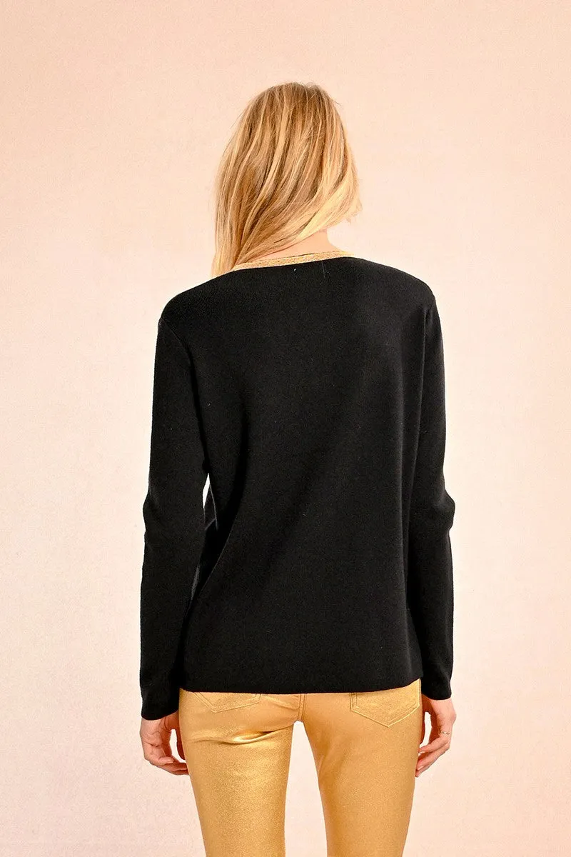 Molly Bracken Black V-Neck Jumper With Gold Iridescent Trim