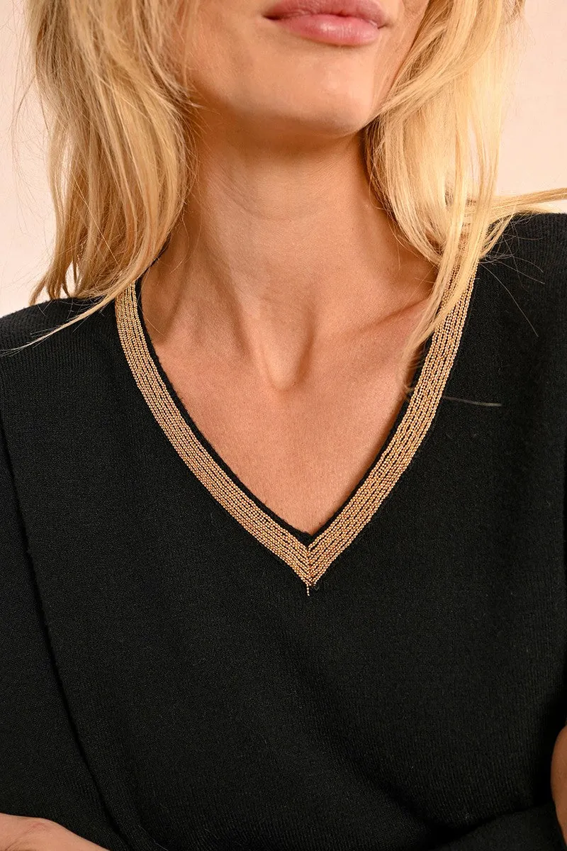 Molly Bracken Black V-Neck Jumper With Gold Iridescent Trim