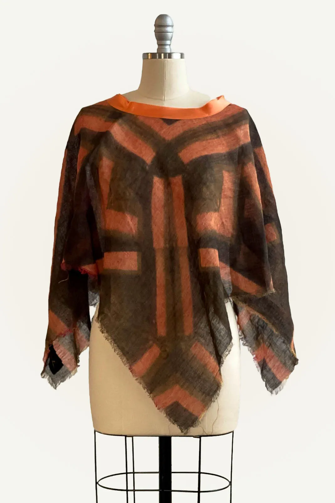 Open Weave Linen Poncho w/ Shibori Itajime Dye - Orange & Brown