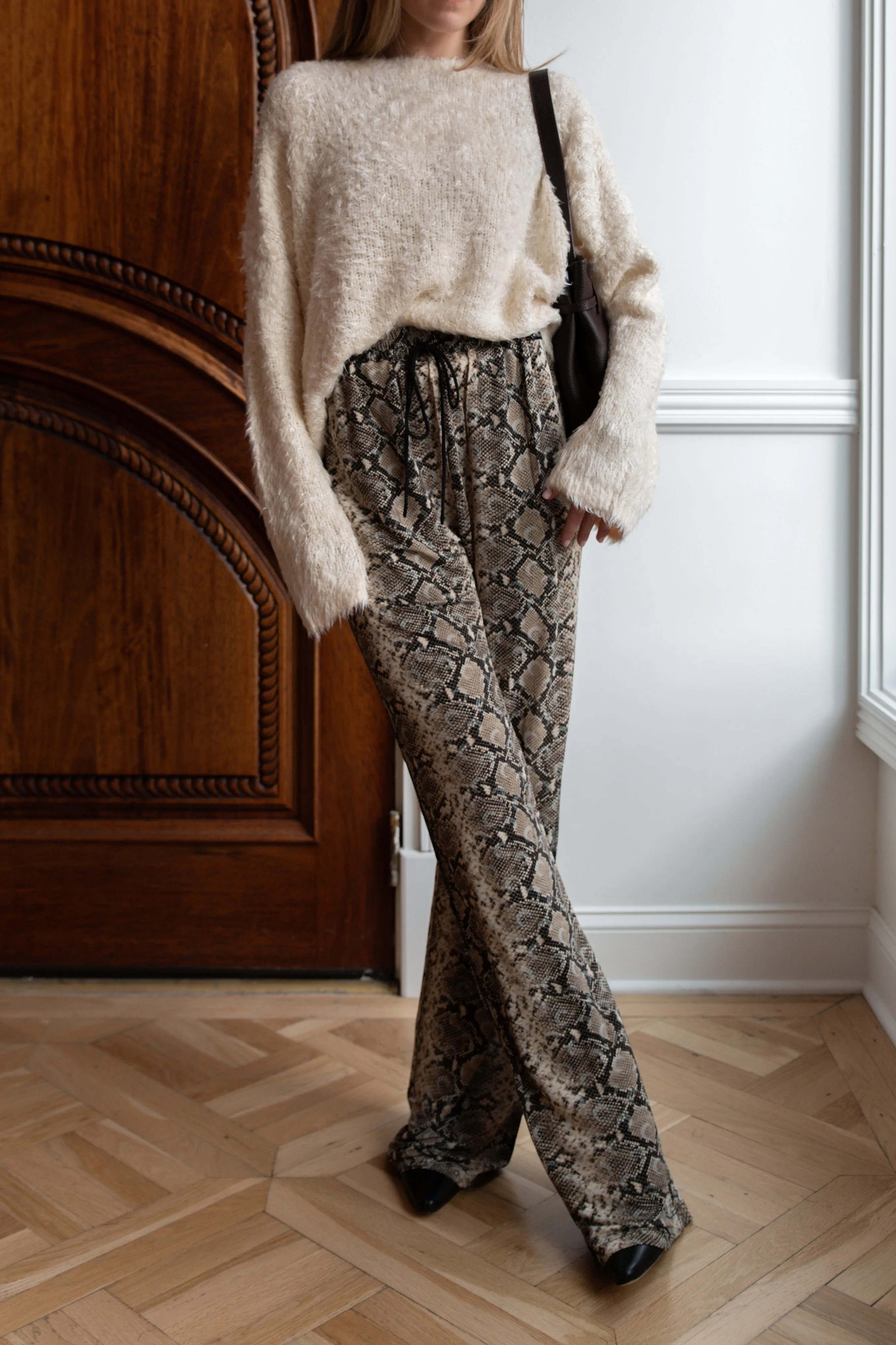 Python Printed Draped Jersey Drawstring Trousers