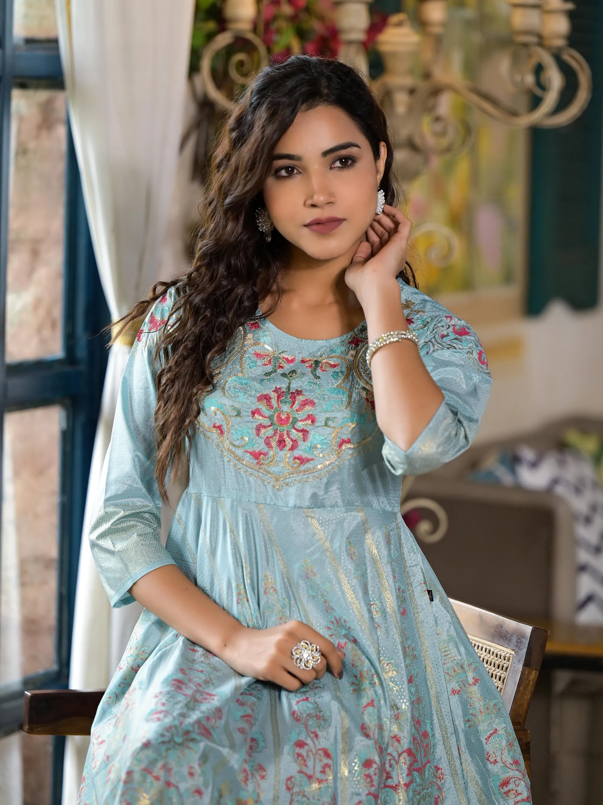 Sea Green Ethnic Motif Printed Santoon Dress With Sequins & Thread Work