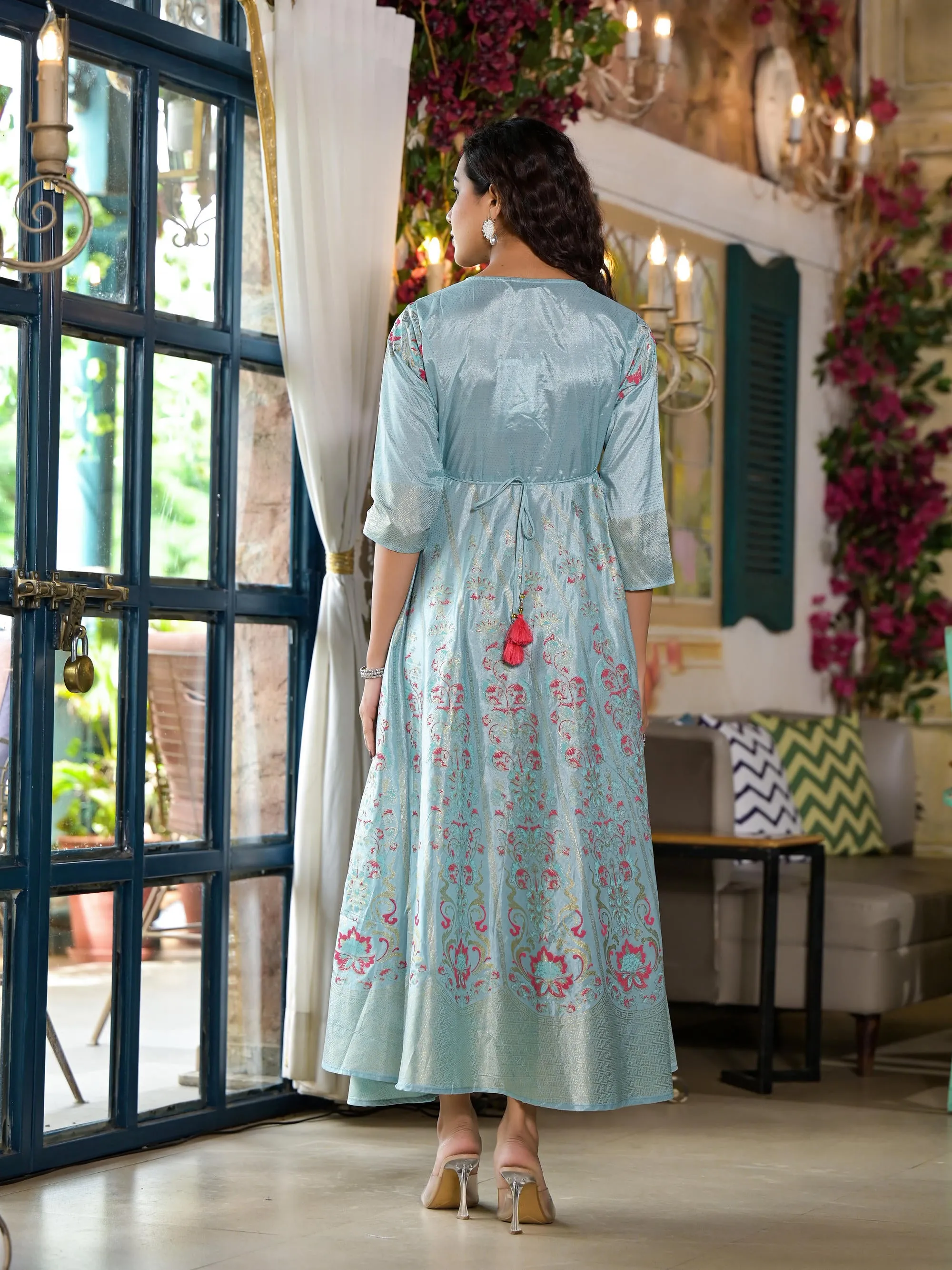 Sea Green Ethnic Motif Printed Santoon Dress With Sequins & Thread Work