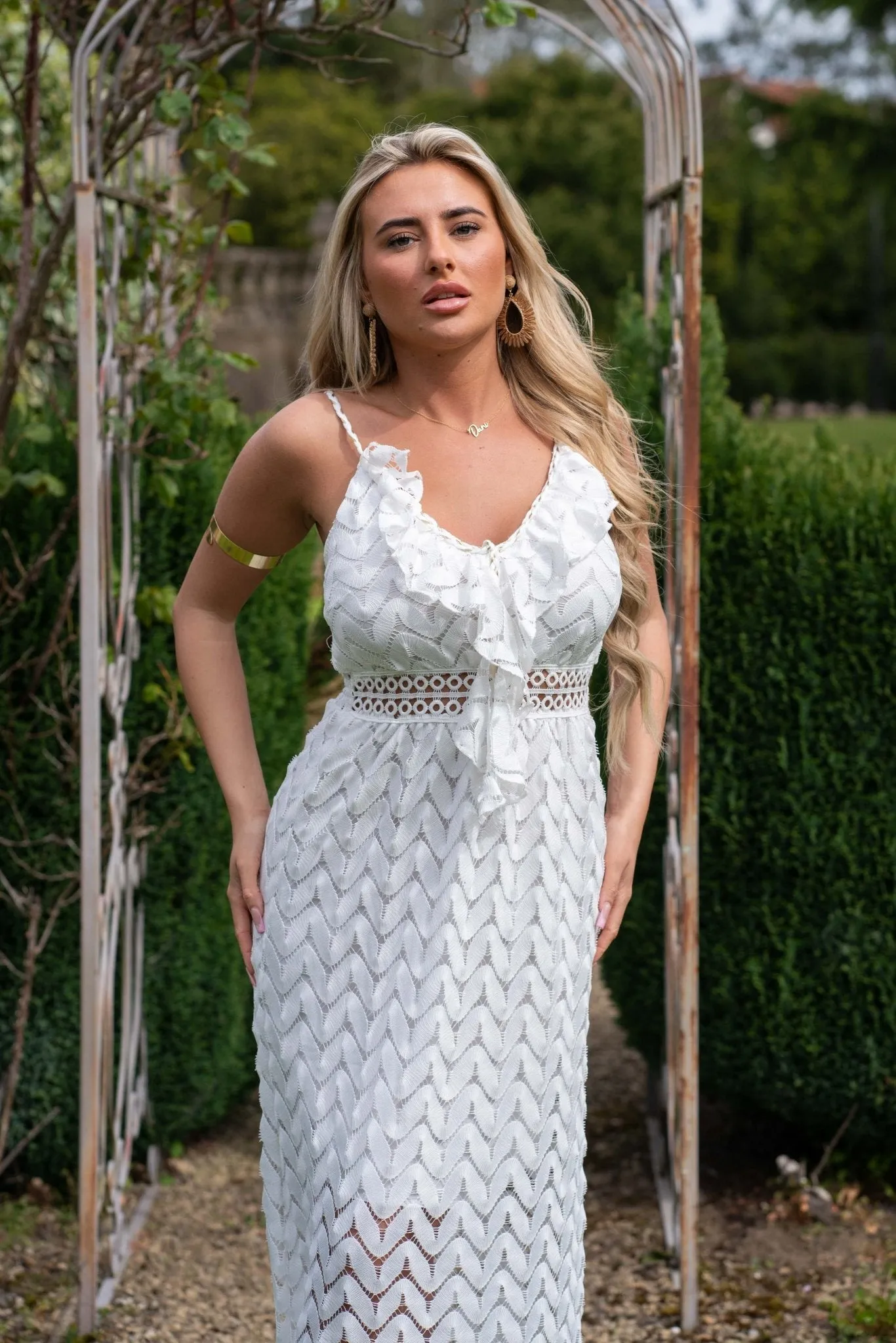 White Boho Frill Front Maxi Dress