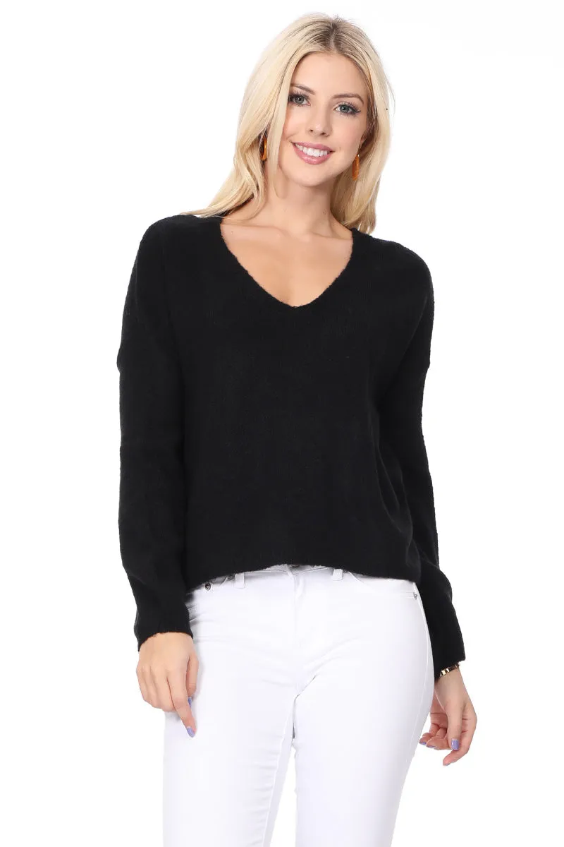 Women's Long Sleeve Wide V-Neck with Side Slit Oversize Pullover Sweater MK8219